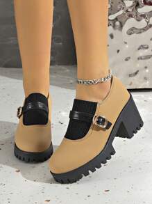 2024 新款法式短踝靴，女款粗跟修身靴，加大码，时尚百搭平底低跟靴 - 黃色 - 查看 3