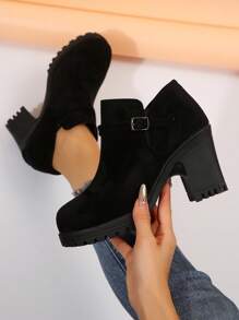 Botas de tobillo de tacón grueso clásicas para mujer, zapatos planos de ante de caña alta, zapatos gruesos para madres, botas de trabajo ligeras y resistentes al agua con plataforma y tacón alto negro - Negro - Ver 5