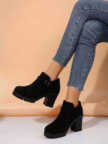 Botas de tobillo de tacón grueso clásicas para mujer, zapatos planos de ante de caña alta, zapatos gruesos para madres, botas de trabajo ligeras y resistentes al agua con plataforma y tacón alto negro - Negro - Ver 6