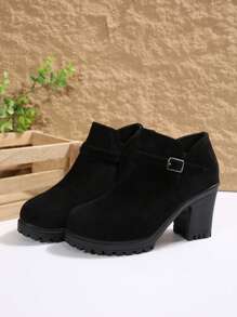 Botas de tobillo de tacón grueso clásicas para mujer, zapatos planos de ante de caña alta, zapatos gruesos para madres, botas de trabajo ligeras y resistentes al agua con plataforma y tacón alto negro - Negro - Ver 4