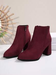 Wear With Hoodie,Women's Faux Suede High Heel Short Boots, Pointed Toe With Side Zipper Lined, Fashion Winter Boots - Burgundy - View 4