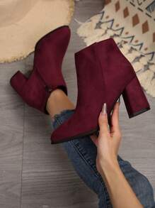 Wear With Hoodie,Women's Faux Suede High Heel Short Boots, Pointed Toe With Side Zipper Lined, Fashion Winter Boots - Burgundy - View 5