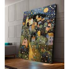 Natural OAK Wood Frame Wall Art, Gustav Klimt Style Moon Stars Tree Canvas Print Posters Art,Village Night Wall Decor For Living Room Bedroom Home, Set Of 1 - Framed(框架) - 查看 3