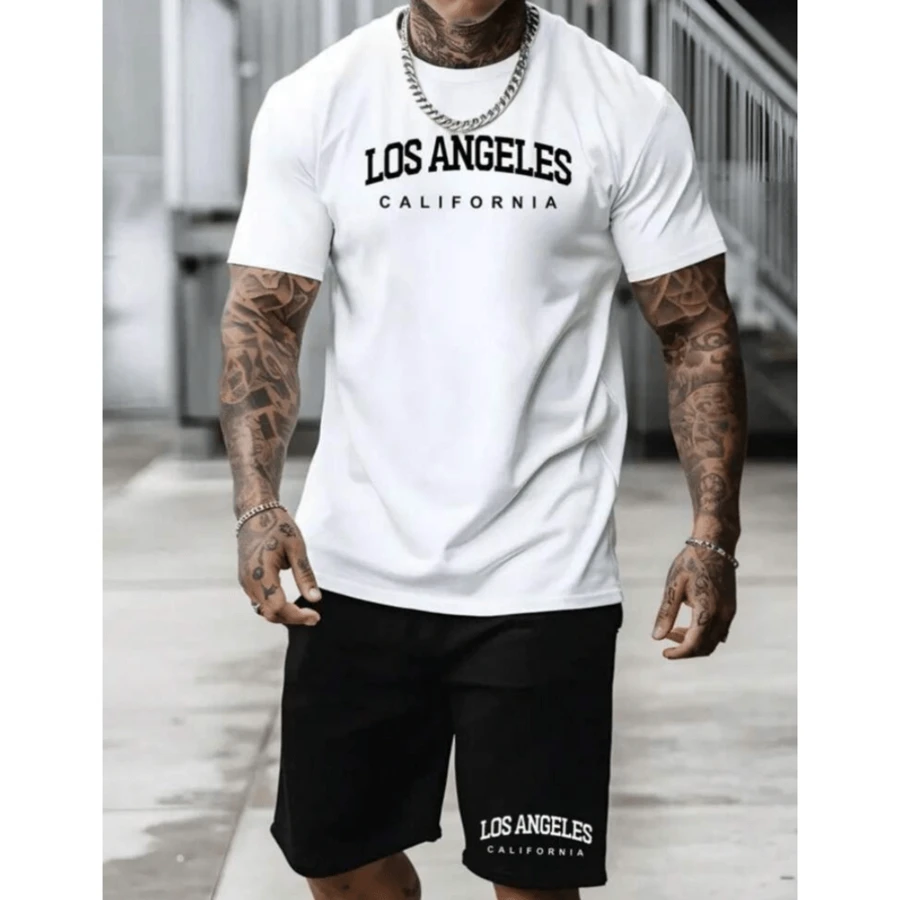 Men's Cotton T-Shirt + Shorts Set Adult LOS Fast Shipping - 白色 - 查看 1