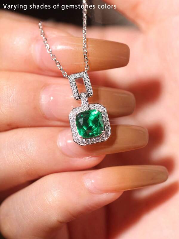 1 szt. 925 Srebro Sterlingowe Białe Złoto Pozłacane Cyrkonia Sześcienna i Laboratorium Szmaragd Wisiorek Naszyjnik, Kwadratowa Rama, Lśniąca Luksusowa Biżuteria W Stylu Pałacowym W Stylu Vintage, Nadaje Się Na Walentynki, Rocznicę Ślubu, Boże Narodzenie, Święto Dziękczynienia, Prezent Dla Dziewczyny, Żony, Matki, Babci