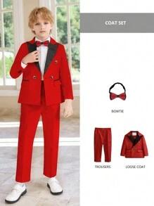Set costum 3 bucăți pentru băieți: jachetă + pantaloni + papion roșu, potrivit pentru spectacole pe scenă, ținute de nuntă, rochie formală de petrecere pentru copii - roșu - Vizualizare 4