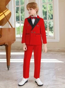 Set costum 3 bucăți pentru băieți: jachetă + pantaloni + papion roșu, potrivit pentru spectacole pe scenă, ținute de nuntă, rochie formală de petrecere pentru copii - roșu - Vizualizare 3
