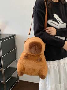 1 Piece Of Fashionable Personalized Fashion Cute Theme Animal Pattern With Solid Color Plush Zipper Multifunctional Design, Equipped With Detachable Shoulder Strap For Easy Crossbody Or Shoulder, Suitable For Halloween Themed Parties, Halloween Costume Matching, Halloween Gifts And Sample Storage, School Backpack - Multicolor - View 5