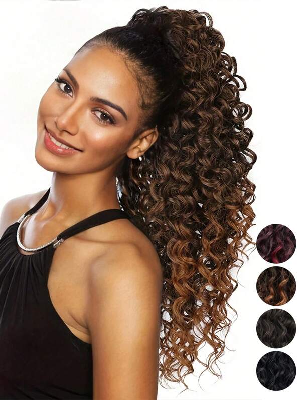 1 Peça Extensão de Rabo de Cavalo Sintética de 18 Polegadas de Onda Profunda Encaracolada com Cordão, Rabo de Cavalo Sintético Com Sensação de Cabelo Grosso, Penteado Preto Natural, Acessório para Halloween e Natal