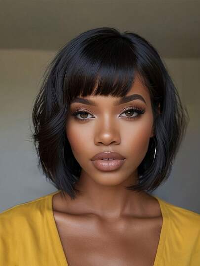Short Bob Straight Human Hair Wig With Bangs Brazilian-Put On And Go Glueless Wigs Human Hair None Lace Front Machine Made Bob Wigs Preplucked -Natural Black 8-14inch
