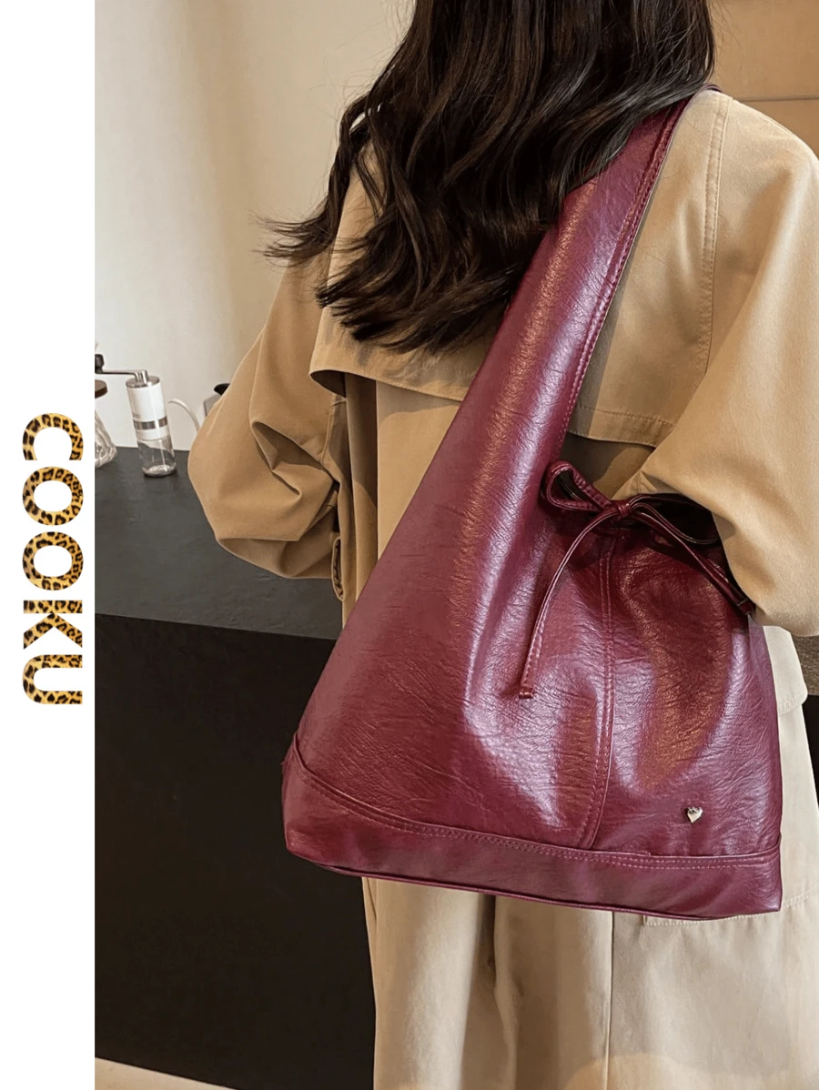 2024 New Korean Version Underarm Bag For Women, Large Capacity Tote Bag For Students And Commuters, Autumn Winter, Fashionable Burgundy Bag