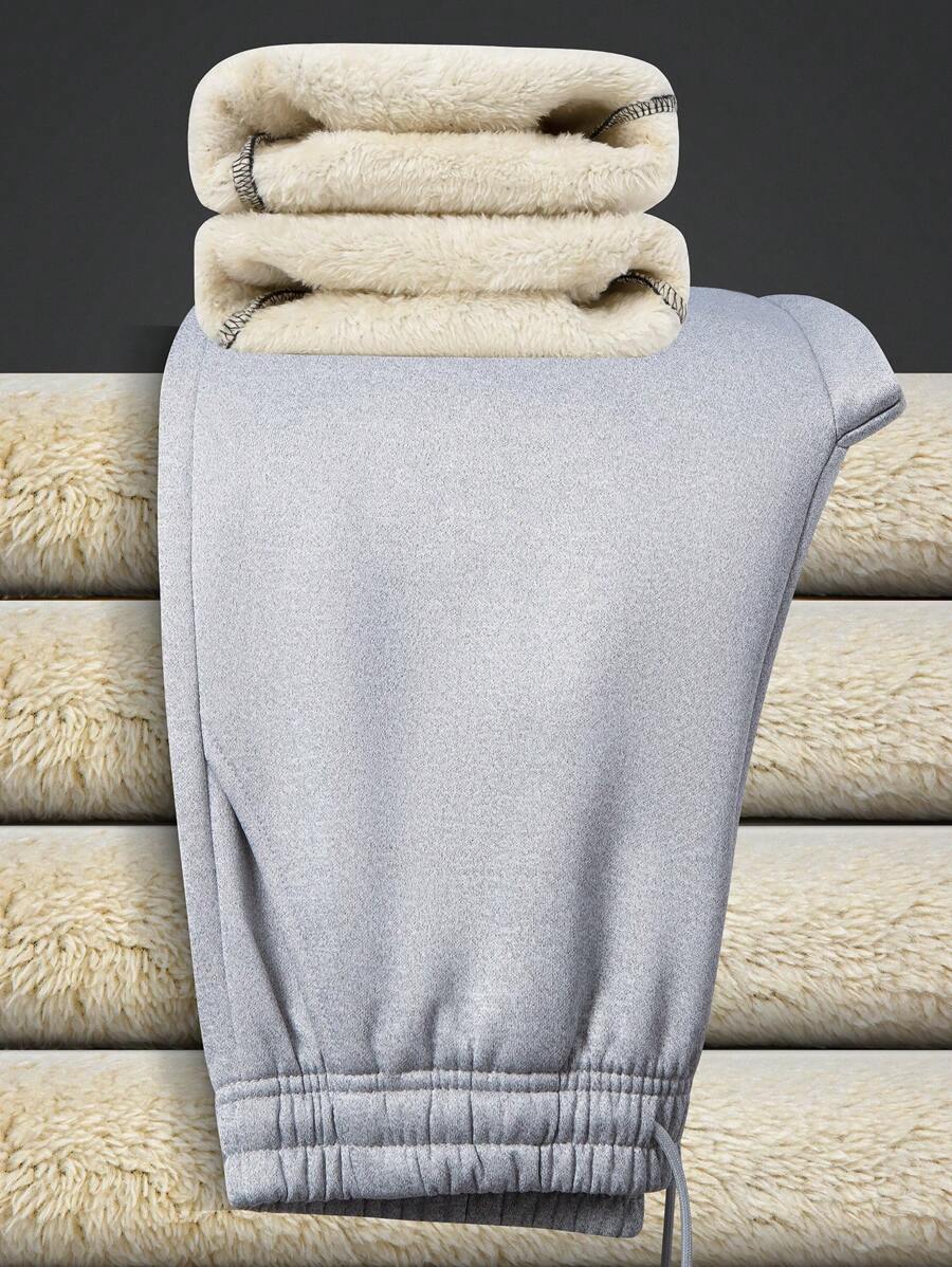 Men's Solid Plain Casual Warm Fleece Drawstring Pants - Grey - View 1