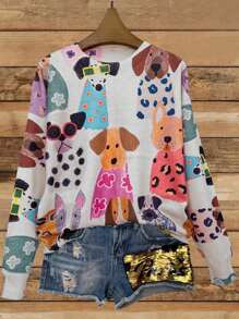 [满印] [轻薄] [毛衣] 休闲可爱小狗图案圆领长袖针织时尚轻薄毛衣 女款 秋冬