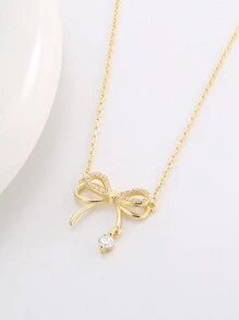 Artepollo 1pc 925 Sterling Silver Hypoallergenic Bow Pendant Necklace, Inlaid With Sparkling Cubic Zirconia, Cute & Elegant, Gift Box Packaging, Gift For Kids, Friends, Back To School