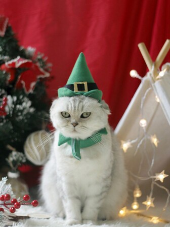 ABLAZE ZAI 1 Set Green Christmas Cone Hat & Bow Tie, Made Of Polyester Fabric, Suitable For Cats & Dogs Holiday Outfits