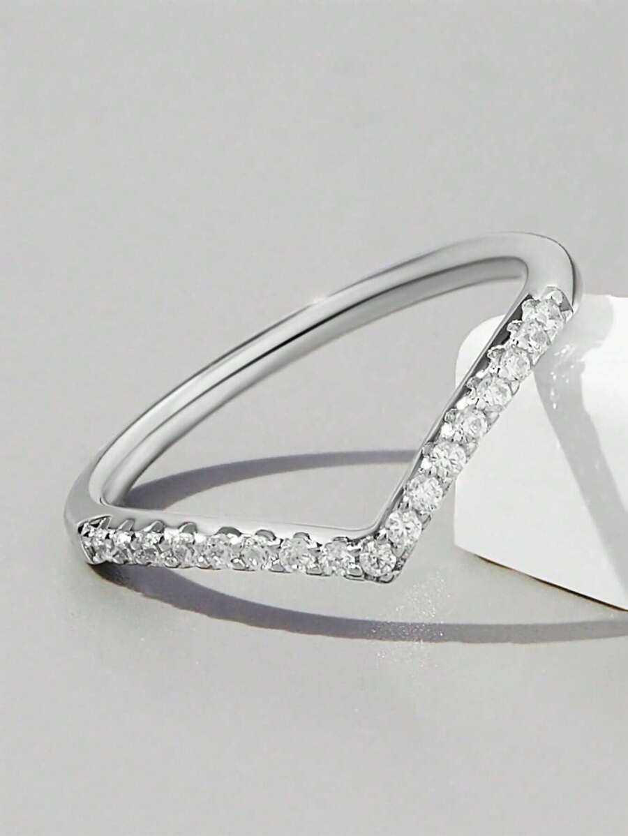 1 chiếc nhẫn bạc S925 hình chữ V đính đá Cubic Zirconia, trang sức sáng bóng, món quà lý tưởng cho phái nữ nhân ngày Valentine.