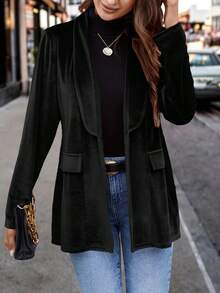 Women's New Fashionable Single-Button Long Sleeve Commuter Elegant Blazer, Velvet Fabric Suitable For Christmas, New Year Party, Colleague Gathering - Black - View 3