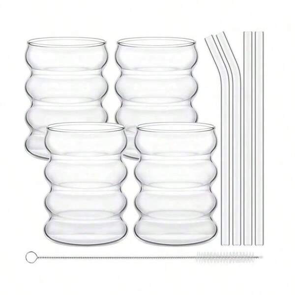 4pcs/Set Glass Cups, Cute Spiral Caterpillar Design Milk Coffee Cups With Straws And Brushes