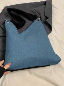 女士时尚牛仔拼色猫形单肩包，休闲日常工作手提包 - 藍色 - 查看 9