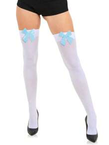1 par de meias sensuais com laço na coxa, meias pretas e brancas com decoração de laço, meias versáteis da moda para mulheres, adequadas para decorações de festa de Natal, apresentações de palco, cosplay, eventos e festas