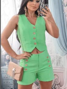 Women's Tailored Set Shorts And Vest Classic Modern Timeless Style, Versatile. - 綠色 - 查看 1