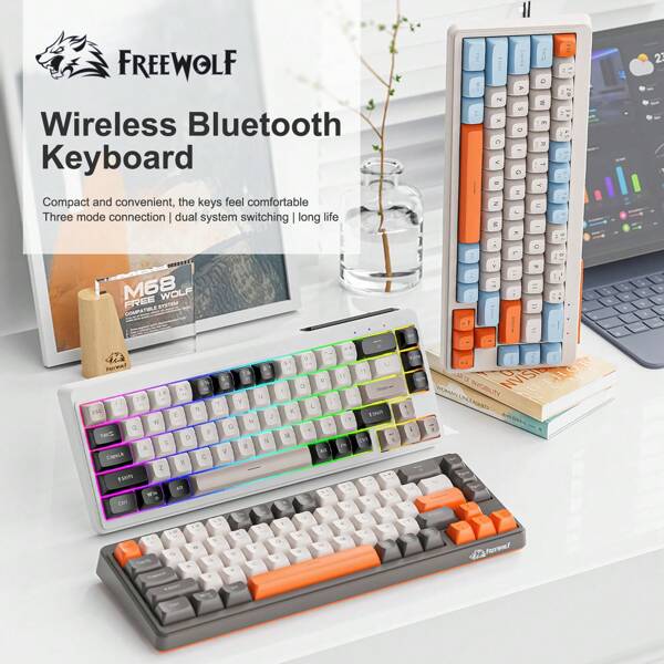CROSS ZEBRA Clavier de jeu sans fil M68 65%, Bluetooth/2,4 GHz/Câblé, clavier à membrane silencieux à triple mode, touches en PBT, rechargeable 2000 mAh, 67 touches avec rétroéclairage LED arc-en-ciel pour PC de jeu Windows - Shimmer/Blueberry/Cheese