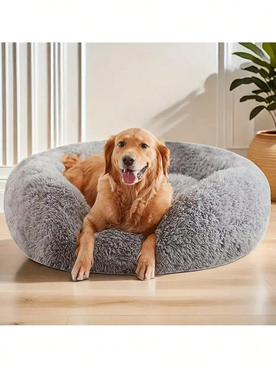 1 件随机颜色圣诞宠物窝，猫床，狗床，圆形毛绒宠物窝，全年温暖舒适，加厚隔热狗垫，猫深度睡眠床