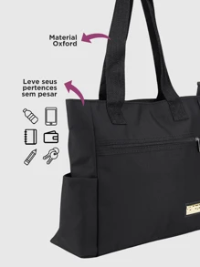 Women's Large Durable Daily Shoulder Bag With Side Pocket Work College - Black - View 4