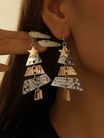 1 Pair Christmas Jewelry Metal Christmas Tree Design Long Pendant Earrings For Women Lovely And Exquisite Christmas Night Gift