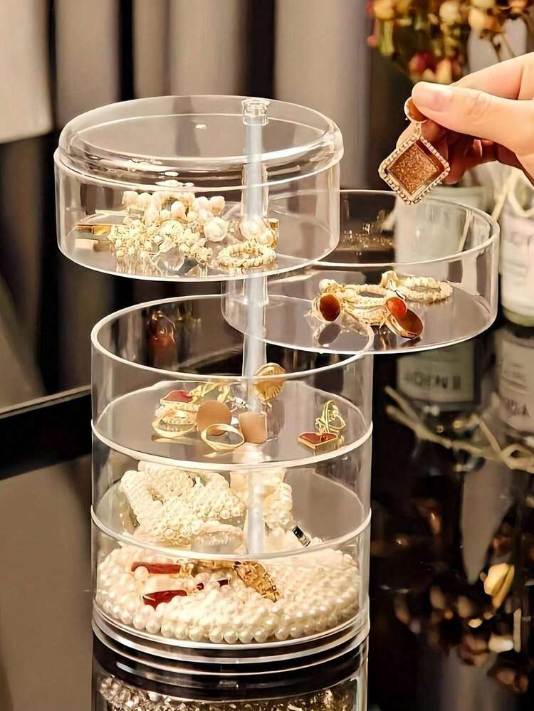 1个透明S型旋转首饰盒，多功能化妆品收纳盒，梳妆台台面整理架，配件收纳盒，化妆品展示架，家居装饰，房间装饰，浴室配件，适用于手镯、耳环、戒指、项链、胸针、发夹、发带、手表、粉扑等，女士礼物，圣诞礼物，女士礼物创意，房间装饰 - 無色 - 查看 3