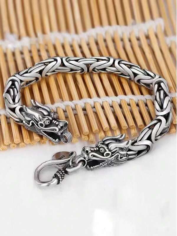 1pc Vintage Distressed Dragon Bone & Head Amulet Pattern Punk Style Bracelet, Gift For Men