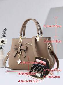 PLANEE 2 件/套女士纯色手提包和卡夹，采用 PU 材料和蝴蝶结吊坠，适合日常休闲、购物、商务通勤、书包套装、便携、经典休闲、商务休闲、适合少女、女大学生、白领、大学、办公室、小学