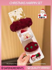 4pcs/Set Christmas Cute Cartoon Hair Clips Hair Ties Set, Santa Claus, Reindeer, Christmas Tree Design, Hair Accessory - Multicolor - View 6