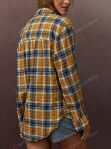 Women's Loose Button Checkered Shirt With Front Pocket, Slouchy Casual Style ﻿
