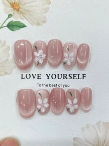 10 件短椭圆形粉色猫眼花朵图案手工按压指甲：粉色猫眼假指甲 - 可爱、柔和的粉色半透明、干净、明亮、闪亮的美甲，配有手绘花朵，美丽、长的按压指甲适合女性和女孩日常佩戴，时尚女士假指甲贴，全覆盖按压指甲 - 粉色 - 查看 7