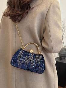 1 件迷你时尚迷人蓝宝石蓝色斜挎包，带亮片装饰。轻巧优雅的单肩包，带可调节肩带。闪亮精致的挎包，带人造珍珠装饰。便携式晚宴包。腕包。安静奢华的女士钱包。非常适合夜间外出、约会、鸡尾酒会、家庭聚会 - 寶藍色 - 查看 4