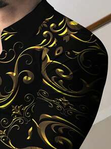 大码男式复古宫殿 3D 数码印花纽扣长袖衬衫