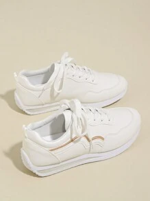 Women's Flat Lace-Up Non-Slip Sneakers Suitable For Running, Hiking, Dancing, Fitness. White Leather Upper, Size 35-43, Casual Sports Shoes For Spring & Autumn