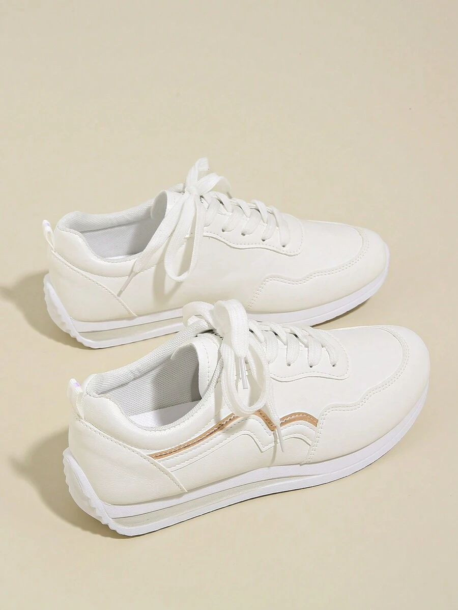 Women's Flat Lace-Up Non-Slip Sneakers Suitable For Running, Hiking, Dancing, Fitness. White Leather Upper, Size 35-43, Casual Sports Shoes For Spring & Autumn