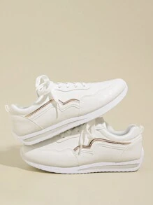 Women's Flat Lace-Up Non-Slip Sneakers Suitable For Running, Hiking, Dancing, Fitness. White Leather Upper, Size 35-43, Casual Sports Shoes For Spring & Autumn