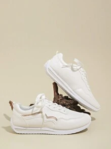 Women's Flat Lace-Up Non-Slip Sneakers Suitable For Running, Hiking, Dancing, Fitness. White Leather Upper, Size 35-43, Casual Sports Shoes For Spring & Autumn