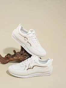 Women's Flat Lace-Up Non-Slip Sneakers Suitable For Running, Hiking, Dancing, Fitness. White Leather Upper, Size 35-43, Casual Sports Shoes For Spring & Autumn