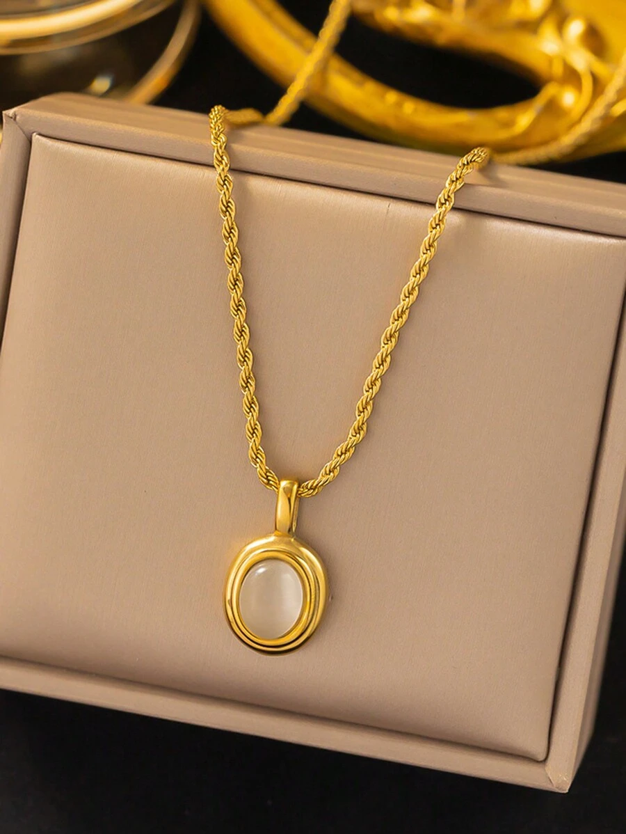 rakol 1 件复古不锈钢仿宝石点缀椭圆形吊坠项链，适合约会情侣佩戴 - 款式1 - 查看 1