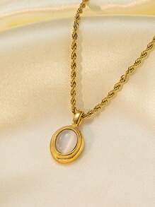 rakol 1 件复古不锈钢仿宝石点缀椭圆形吊坠项链，适合约会情侣佩戴 - 款式1 - 查看 4