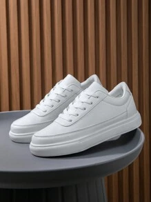 男士时尚个性化拼接细节白色前系带休闲运动鞋，简约风格百搭轻便舒适防滑情侣平底鞋 - 白色 - 查看 5