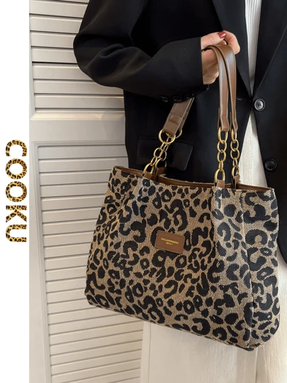 Leopard Pattern Shoulder Tote Bag School Bag,Back To School Backpack,Portable,Lightweight,Business Casual, Suitable For Teen Girls Women College Students,Rookies & White-Collar Workers, Perfect For Back To School,College,Middle School, High School,Work , Business, Commute, Leopard Print Bag, Fall Winter Fashionable Cheetah Print Purse For Women, New Fall Winter Tiger Print Bag For Women , Leopard Cheetah Print