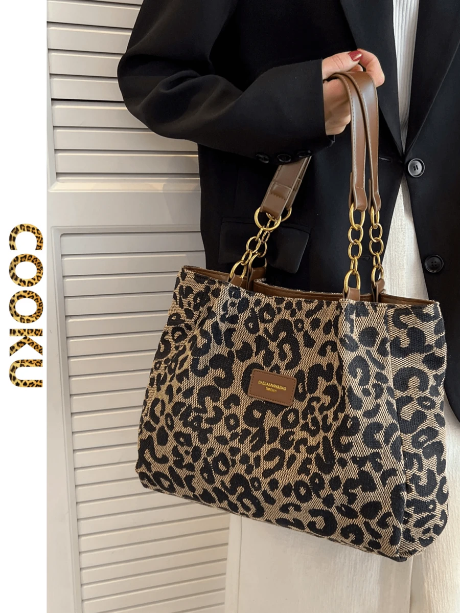 Sac fourre-tout à l'épaule motif léopard, sac d'école, sac à dos, portable, léger, décontracté chic, convient aux adolescentes, femmes, étudiantes, débutants et employés de bureau. Parfait pour la rentrée scolaire, le collège, le lycée, le travail, les déplacements. Sac imprimé léopard
