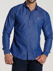 Men's Denim Shirt Fashion Social Long Sleeve Casual Sophisticated Party Wedding - 中等水洗藍 - 查看 3