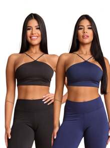 Kit 2 Top Gym Strap Fitness Cropped Zero Transparency Running Workout Clothing - 黑色和海軍藍 - 查看 1