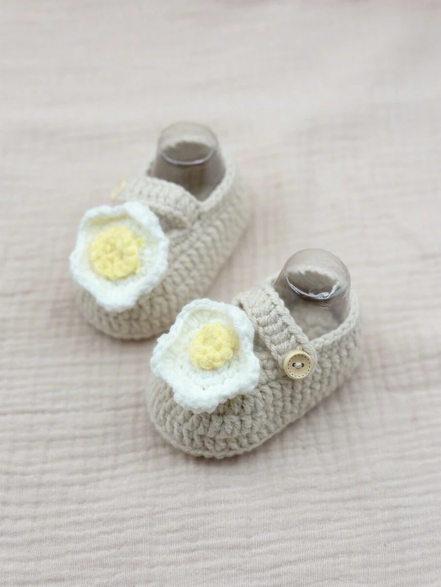 1 双钩针婴儿鞋，手工针织学步前拖鞋，适合室内地板穿着 - 米色 - 查看 1
